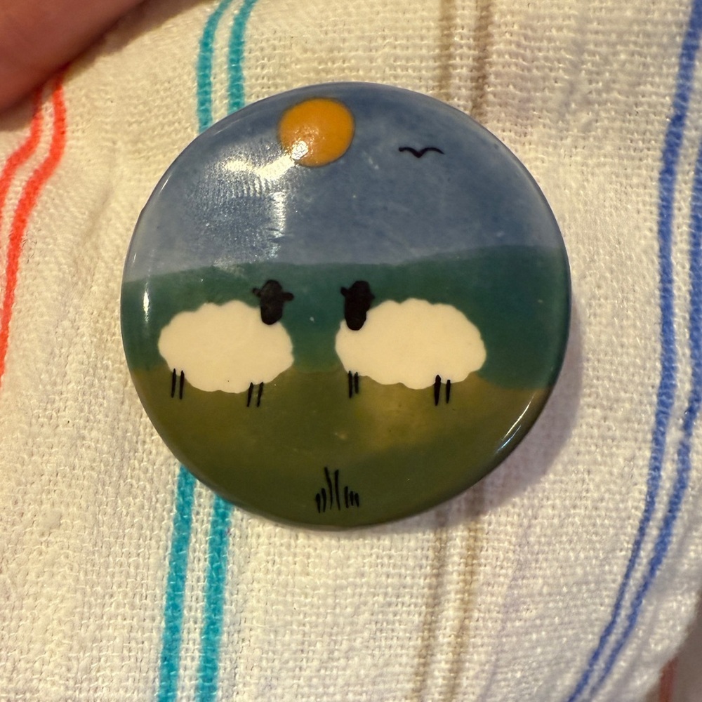 Cute Sheep Pin with Blue and Green Landscape